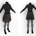 Stylish Black Turtleneck Top With Polka Dot Skirt Gray Striped Leggings And Black High Heels