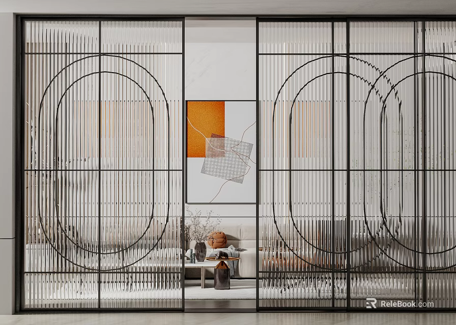 Modern Sliding Doors With Geometric Metal Frame Design As Interior Partition In Living Room 3d model 