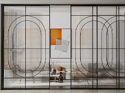 Modern Sliding Doors With Geometric Metal Frame Design As Interior Partition In Living Room 3d model
