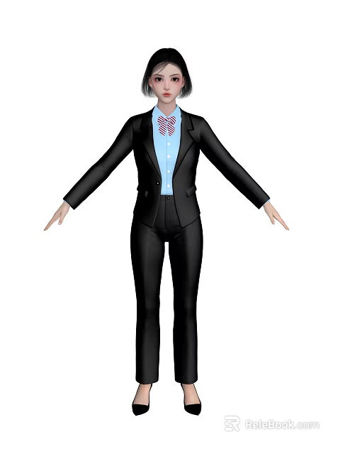 A Woman Wearing Black Suit with Blue Shirt Red Bow Tie and Hands Spread Out 3d model 