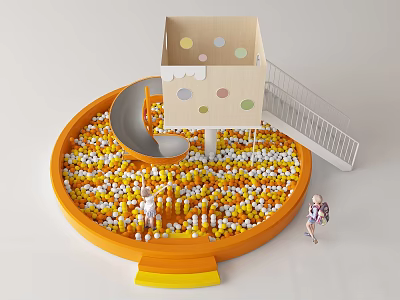 Play Equipment with Orange Ball Pit Colorful Balls Wooden Cabin Slide and Staircase 3d model