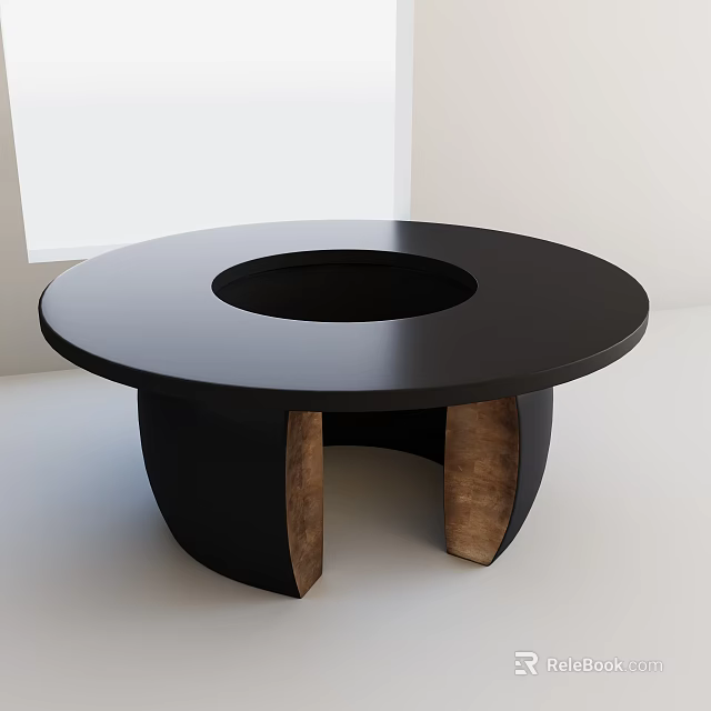 Modern Round Black Dining Table With Central Cutout And Wooden Curved Supports 3d model 