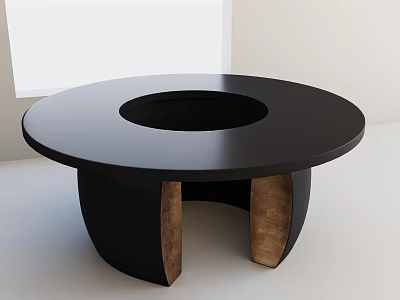 Modern Round Black Dining Table With Central Cutout And Wooden Curved Supports 3d model