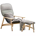 Stylish Lounge Chair With Wooden Frame Soft Gray Cushion Throw Blanket And Ottoman
