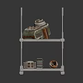 Metal Shelf With Two Layers Holding Various Equipment And Parts