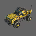 Yellow Modified Off Road Truck With Large Tires And Roof Mounted Gear