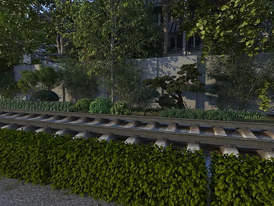 Rail Track Road Facility With Green Hedges Trees And Stone Wall 3d model