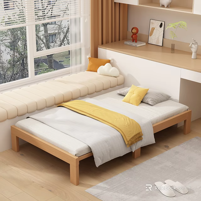 Modern Minimalist Single Bed With Wooden Frame Yellow Gray Pillows White Desk And Window View 3d model 