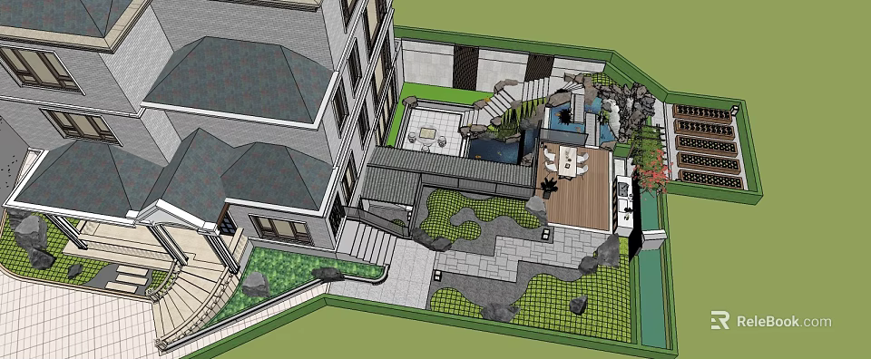 Modern Courtyard Garden Landscape With Building Paved Areas Steps And Greenery 3d model 