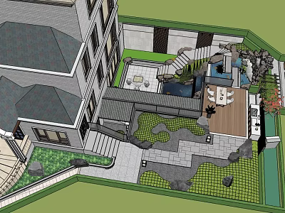 Modern Courtyard Garden Landscape With Building Paved Areas Steps And Greenery 3d model