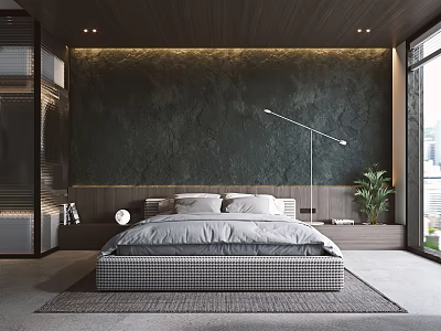 Modern Bedroom Interior With Dark Textured Wall Gray Bedding Floor Lamp And Plant 3d model