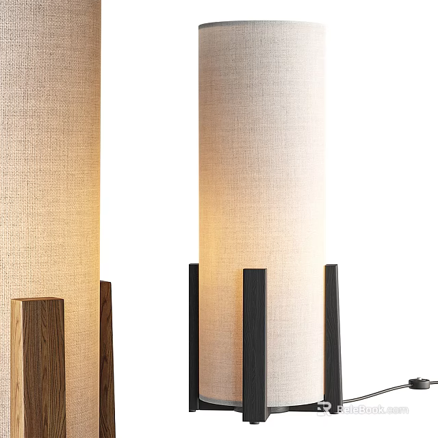 Modern Floor Lamps With Wooden And Black Bases And Linen Shades Emitting Soft Light 3d model 
