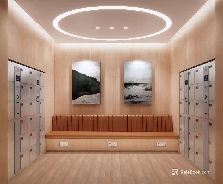 Cozy Lounge Area With Wooden Walls Circular Light Brown Bench And Lockers 3d model 