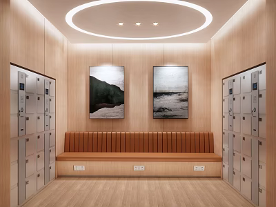 Cozy Lounge Area With Wooden Walls Circular Light Brown Bench And Lockers 3d model