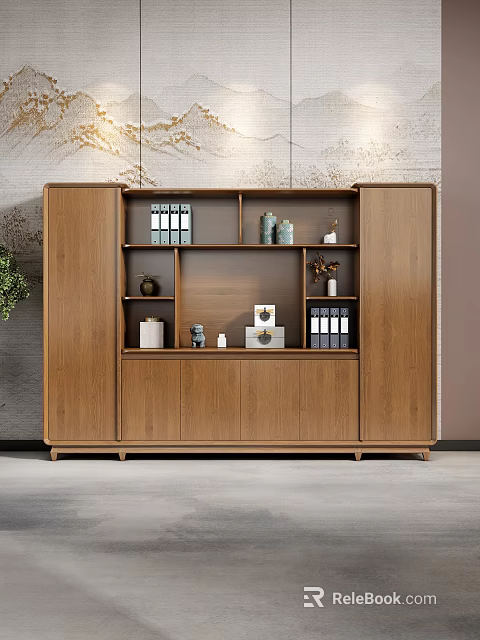 Modern Wooden Bookcase With Open Shelves Books Decorative Items And Folders 3d model 