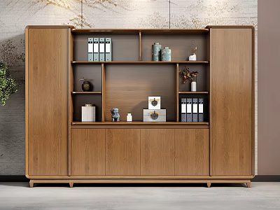 Modern Wooden Bookcase With Open Shelves Books Decorative Items And Folders 3d model