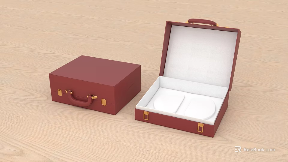 Red Leather Jewelry Display Set With Open Closed Cases And Golden Clasps 3d model 