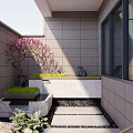 Courtyard Garden Design With Pink Blossoms Stones Green Plants And Stone Pathway