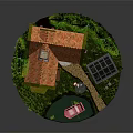 Cartoon Scene With Small House Red Roof Chimney Green Trees Red Flowers Glasshouse And Pink Boat