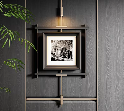 Framed Landscape Painting On Dark Wooden Wall With Green Plants Beside 3d model