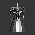 Rocket Engine Model With Complex Pipes Structure Conical Base Grid Texture Metallic Finish Dark Background
