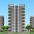 Modern Residential Building Exterior Design With Balconies Greenery Glass And Metal Structure