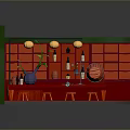 Bar Interior Scene With Red Counter Stools Yellow Pendant Lights Green Walls And Arched Windows