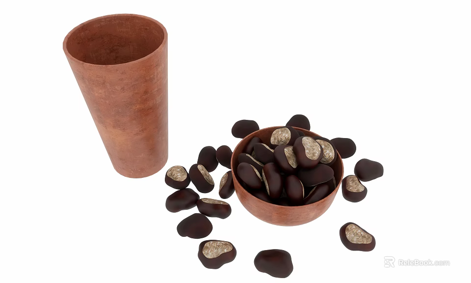 Delicious Chocolate Candies in Clay Bowl and Cup with Scattered Pieces 3d model 