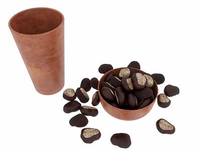 Delicious Chocolate Candies in Clay Bowl and Cup with Scattered Pieces 3d model