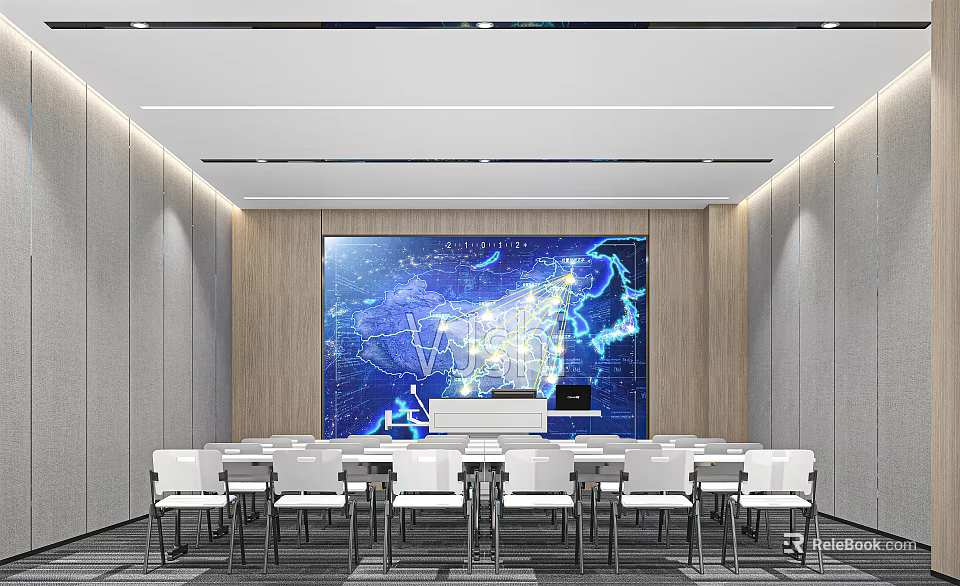 Modern Conference Room With Large Digital Map Screen White Chairs And Wooden Panel Walls 3d model 