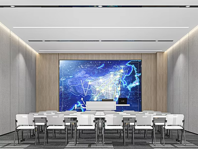 Modern Conference Room With Large Digital Map Screen White Chairs And Wooden Panel Walls 3d model
