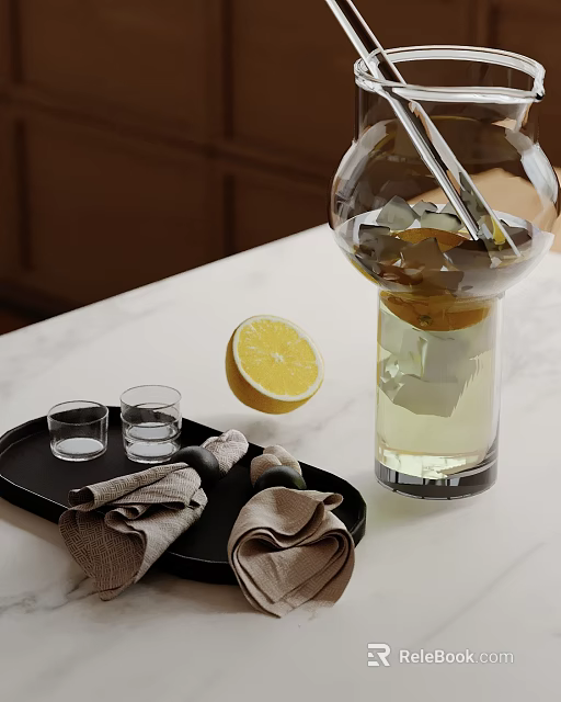 Decorative Ornament Set Featuring Clear Glass Vessel Lemon Mini Glass Cups And Black Tray 3d model 
