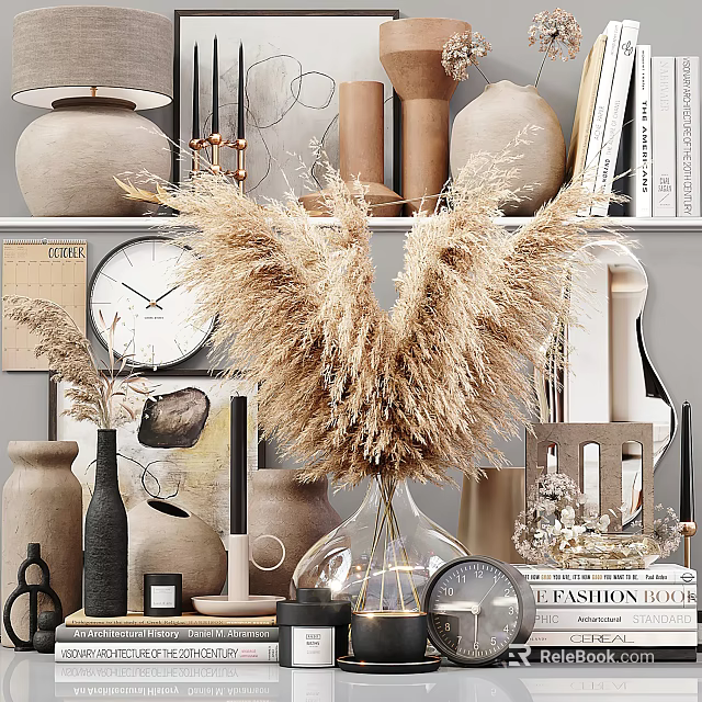 Modern Decorative Ornament Set With Pampas Grass Vase Clock And Books 3d model 