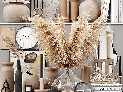 Modern Decorative Ornament Set With Pampas Grass Vase Clock And Books 3d model