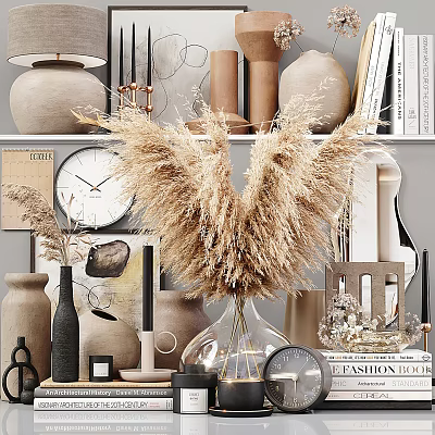 Modern Decorative Ornament Set With Pampas Grass Vase Clock And Books 3d model