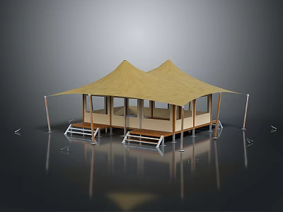 Beige Double Peak Tent With Wooden Structure Platform Steps And Support Poles 3d model