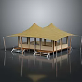 Beige Double Peak Tent With Wooden Structure Platform Steps And Support Poles 3d model