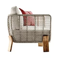 Single Sofa With Woven Armrests Beige Cushion And Red Geometric Pillow Wooden Legs
