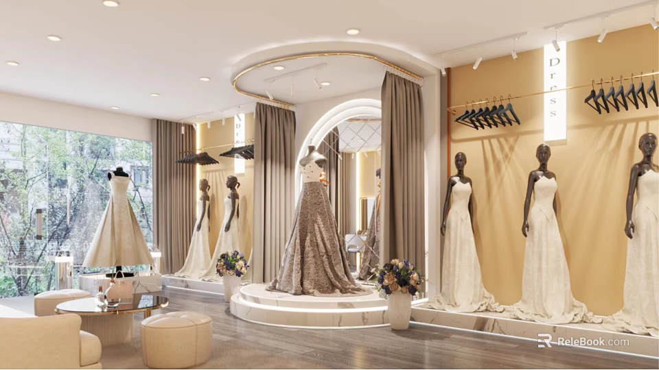 Elegant Bridal Shop With Wedding Dresses On Mannequins Decorative Flowers And Mirror 3d model 