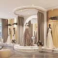 Elegant Bridal Shop With Wedding Dresses On Mannequins Decorative Flowers And Mirror