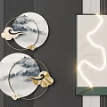 Modern Chinese Wall Decor With Circular Landscape Patterns Gold Cloud Motifs And Rectangular Illuminated Curves 3d model