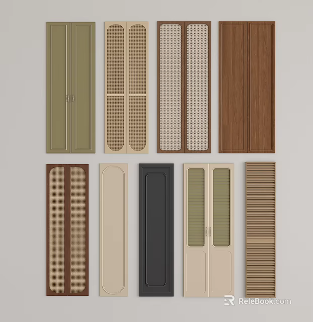 Various Design Wardrobe Doors With Wooden Louvered Mesh Panel And Solid Color Styles 3d model 