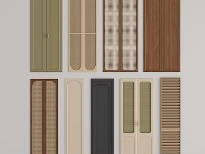 Various Design Wardrobe Doors With Wooden Louvered Mesh Panel And Solid Color Styles 3d model