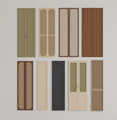Various Design Wardrobe Doors With Wooden Louvered Mesh Panel And Solid Color Styles 3d model