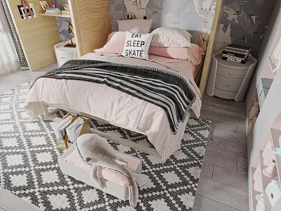 Kids Bed With Sleep Slate Pillow Pink Bedding Striped Blanket And Nightstand On Patterned Rug 3d model