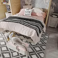 Kids Bed With Sleep Slate Pillow Pink Bedding Striped Blanket And Nightstand On Patterned Rug