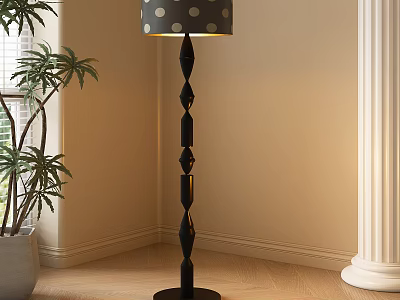 Stylish Black Geometric Floor Lamp With Polka Dot Lampshade In Living Room Corner With Potted Plant 3d model
