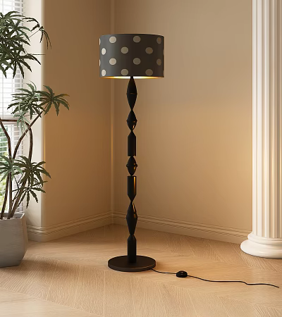 Stylish Black Geometric Floor Lamp With Polka Dot Lampshade In Living Room Corner With Potted Plant 3d model
