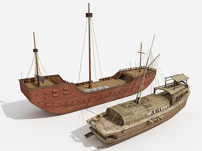 Vintage Wooden Boats Showcasing Sailing Mast And Traditional Covered Structure Design Details 3d model