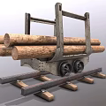 Metal Frame Cart With Wooden Logs On Track And Iron Wheels For Transportation